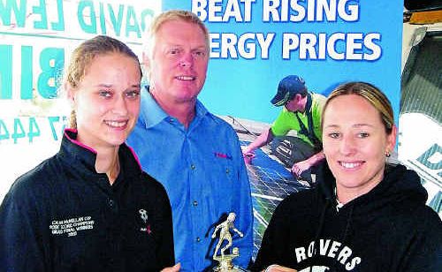 Solahart owner David Lewis with FFNC Women’s Premier League players Chelsea Coleman (Alstonville) and Shannon McNamara (Rovers) announcing a new sponsorship for women’s football. Solahart owner David Lewis with FFNC Women’s Premier League players Chelsea Coleman (Alstonville) and Shannon McNamara (Rovers) announcing a new sponsorship for women’s football.